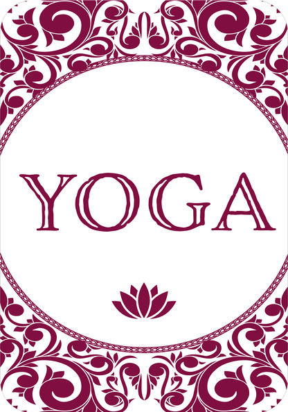 Gezeigt wird eine Innenansicht von „Gin-Yoga“. Der Hintergrund ist reinweiß und wird von einem eleganten, burgunderroten, geschwungenen Muster umrahmt. Im Fokus steht das auffällige Wort „YOGA“, das in einer stilvollen, großen Schriftart in burgunderrot geschrieben ist. Unterhalb des Textes befindet sich ein zartes, grafisches Element in Form einer Lotusblüte, das das harmonische Design ergänzt.