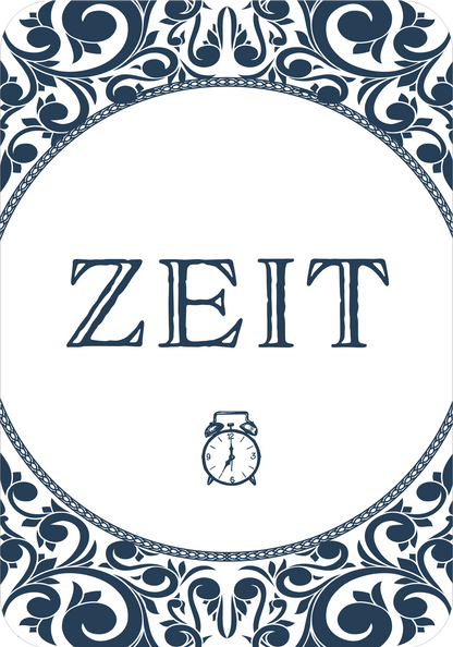 Gezeigt wird eine Innen- oder Zusatzansicht von „Gin-Yoga“. Im Zentrum der Gestaltung steht der Schriftzug „ZEIT“ in großer, eleganter Typografie. Die Buchstaben sind in einem tiefen Blau gehalten. Umrahmt wird der Schriftzug von filigranen, ornamentalen Mustern, die ebenfalls in Blau und Weiß gestaltet sind. Der untere Bereich zeigt eine einfache, stilisierte Uhr, die zusätzlich zum Thema Zeit Bezug nimmt. Der Hintergrund ist klar und hell, was die Schrift und die Ornamente gut zur...