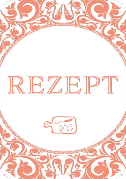 Gezeigt wird eine Innen- oder Zusatzansicht von „Gin-Yoga“. Auf einem weißen Hintergrund befindet sich ein dekorativer, rosafarbener Rahmen mit verspielten floralen Mustern. In der Mitte steht das Wort „REZEPT“ in großer, eleganter Schriftart. Darunter ist eine kleine Abbildung eines Messlöffels, die das Thema kochen und mixen unterstreicht. Die Gestaltung vermittelt eine freundliche und ansprechende Atmosphäre, die zum Ausprobieren anregt.