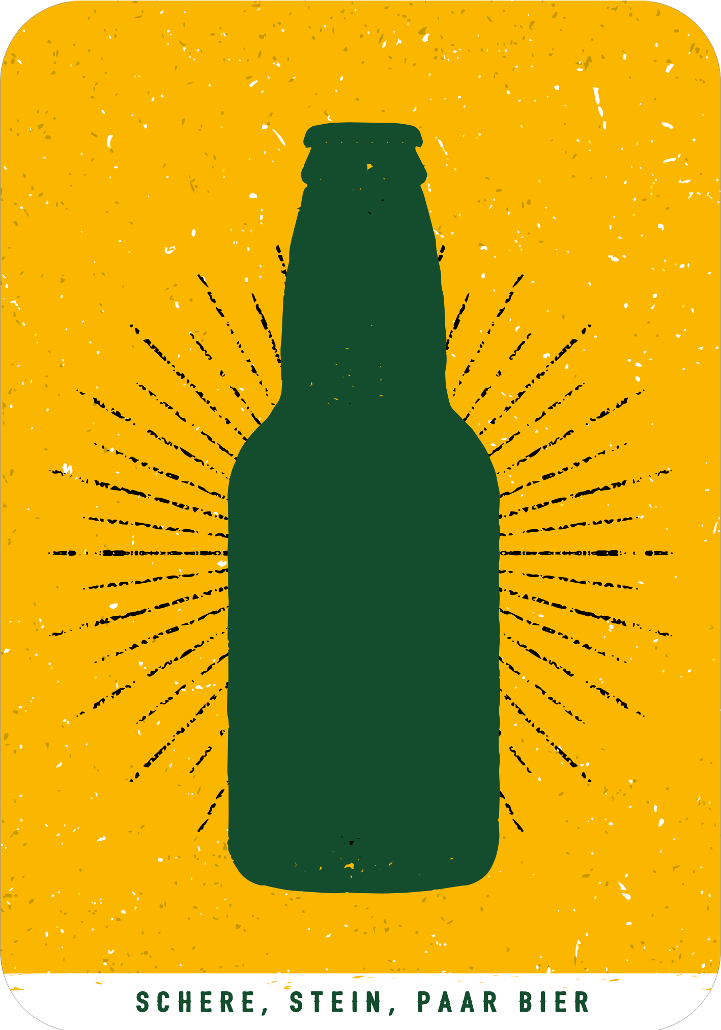 Gezeigt wird eine Innen- oder Zusatzansicht von „Schere, Stein, Paar Bier“. Die Darstellung ist von einem leuchtenden, gelben Hintergrund geprägt, auf dem eine grüne Flasche im Silhouettenstil hervorgehoben wird. Strahlen verlaufen radial um die Flasche und erzeugen einen dynamischen Effekt. Am unteren Rand befindet sich der Titel des Produkts in einer klaren, gut lesbaren Schrift.