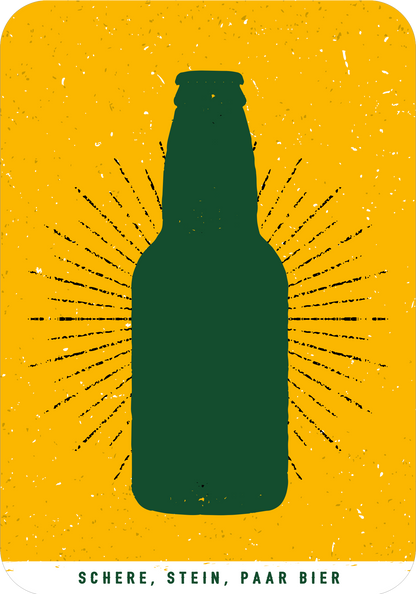 Gezeigt wird eine Innen- oder Zusatzansicht von „Schere, Stein, Paar Bier“. Die Darstellung ist von einem leuchtenden, gelben Hintergrund geprägt, auf dem eine grüne Flasche im Silhouettenstil hervorgehoben wird. Strahlen verlaufen radial um die Flasche und erzeugen einen dynamischen Effekt. Am unteren Rand befindet sich der Titel des Produkts in einer klaren, gut lesbaren Schrift.