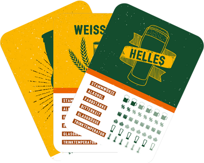 Gezeigt wird eine Innen- oder Zusatzansicht von „Schere, Stein, paar Bier“. Die Karten präsentieren eine lebendige Farbpalette mit dominierenden Gelb- und Grüntönen. Jede Karte ist mit großen, klaren Schriftzügen beschriftet, die die unterschiedlichen Bierarten samt wichtiger Informationen wie Stammwürze, Alkoholgehalt und Trinktemperatur darstellen. Grafische Elemente, einschließlich Hopfenzweigen und Biergläsern, fügen visuelle Akzente hinzu und unterstützen die thematische...