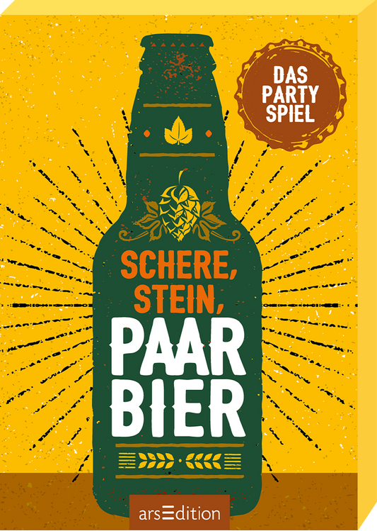 Das Cover zeigt eine grüne Bierflasche vor einem leuchtend gelben Hintergrund, umgeben von strahlenden Linien. In großen, auffälligen Buchstaben steht der Titel „SCHERE, STEIN, PAAR BIER“ in orange-weißer Schrift. Oben rechts befindet sich der rote Button mit der Aufschrift „DAS PARTYSPIEL“. Die Gesamtausstattung vermittelt eine fröhliche, einladende Atmosphäre. Ganz unten mittig steht der Logoschriftzug von arsEdition.