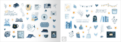 Gezeigt wird eine Innen- oder Zusatzansicht von „myNOTES Papeterie: Stickern. Lesen. Träumen.“. Die Darstellung umfasst verschiedene Illustrationen in sanften Blau- und Gelbtönen. Zu den zentralen Elementen gehören Bücher, Tassen, Sterne und dekorative Pflanzenmotive. Der Text ist in verspielter Schrift gehalten. Die grafischen Elemente sind liebevoll angeordnet und schaffen eine einladende, träumerische Atmosphäre.