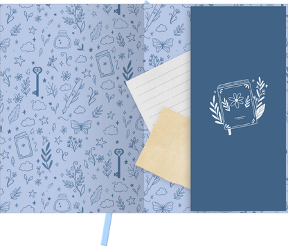 Gezeigt wird eine Innen- oder Zusatzansicht von „myNOTES Papeterie: Notizbuch A5 Book Lover Club“. Der Innenteil präsentiert ein zartes, hellblaues Muster mit filigranen Zeichnungen von Büchern, Schmetterlingen und Pflanzen. Auf der rechten Seite befindet sich eine dunklere, blaue Fläche mit einer stilisierten Darstellung eines Notizbuchs und floralen Akzenten in Weiß. Die Illustration ist modern und ansprechend, was das Gesamtbild harmonisch ergänzt.