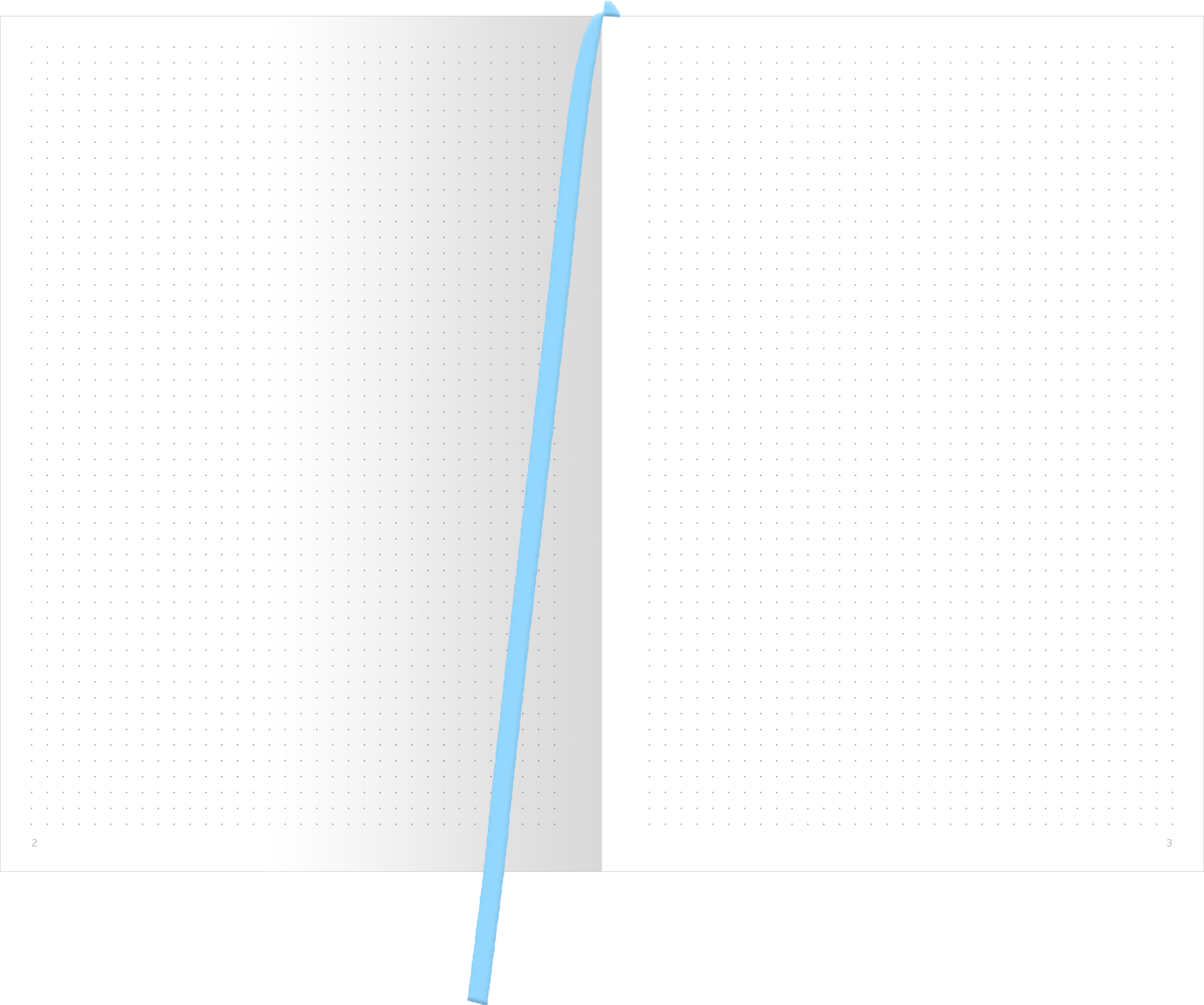 Gezeigt wird eine Innenansicht von „myNOTES Papeterie: Notizbuch A4 Book Nook“. Die doppelseitige Ansicht zeigt ein leeres, quadratisches Raster auf hellem, weißem Papier, ideal zum Notieren. Ein auffallend hellblauer Lesezeichenband ist sichtbar, das elegant zwischen den Seiten platziert ist. Die typografische Gestaltung ist klar und modern, was das Schreiben und Skizzieren erleichtert.