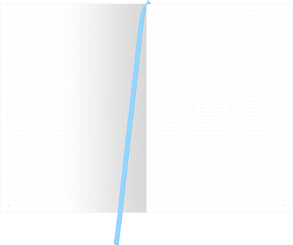 Gezeigt wird eine Innenansicht von „myNOTES Papeterie: Notizbuch A4 Book Nook“. Die doppelseitige Ansicht zeigt ein leeres, quadratisches Raster auf hellem, weißem Papier, ideal zum Notieren. Ein auffallend hellblauer Lesezeichenband ist sichtbar, das elegant zwischen den Seiten platziert ist. Die typografische Gestaltung ist klar und modern, was das Schreiben und Skizzieren erleichtert.