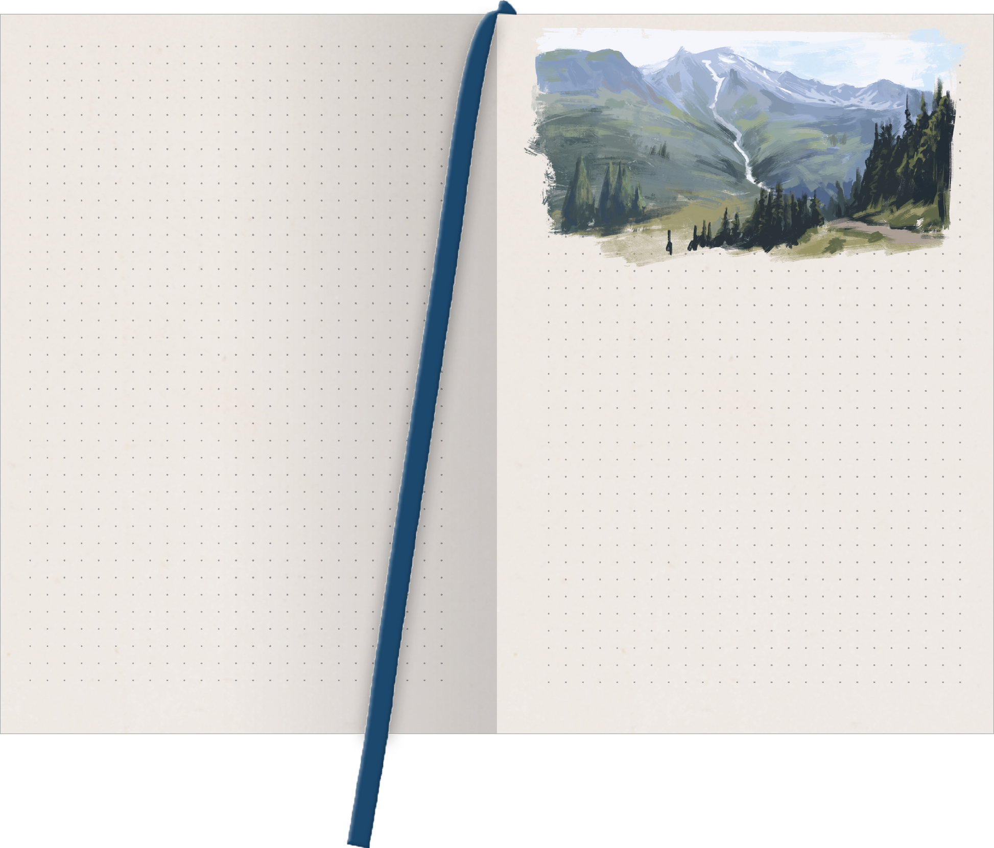 Gezeigt wird eine Innen- oder Zusatzansicht von „myNOTES Papeterie: Notizbuch A5 Fabelwesen“. Die Seiten sind hell und unbeschrieben, mit einem feinen Punktmuster zur Führung. Oben links befindet sich eine farbige Illustration einer bergigen Landschaft, die sanfte Grüntöne und blauen Himmel zeigt. Ein blauer Lesezeichenband ergänzt das Design. Die Typografie ist modern und klar, wodurch eine einladende Schreibumgebung entsteht.