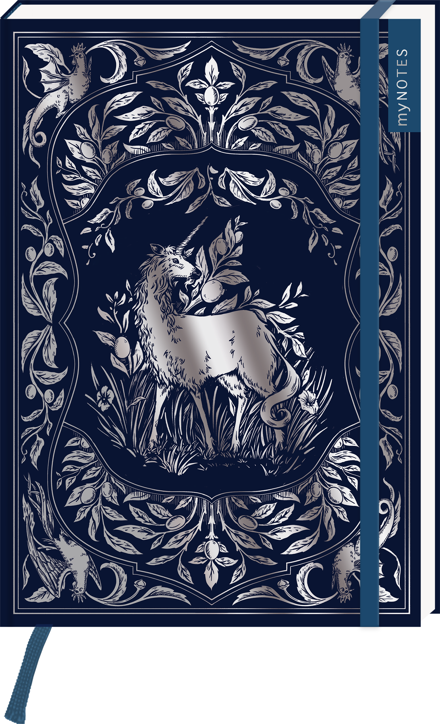 Auf dem Buchcover zeigt sich ein elegantes, tiefblaues Design, das mit feinen, silbernen Motiven verziert ist. In der Mitte ist ein stilisierter, hochgewachsener Löwe abgebildet, umgeben von floralen Elementen. Die Schrift „my NOTES“ in einem modernen, klaren Font ist in einem dunkeltürkisen Farbton am oberen rechten Rand platziert. Die Atmosphäre wirkt geheimnisvoll und ansprechend. Ganz unten mittig steht der Logoschriftzug von arsEdition.