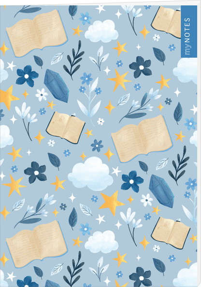 Das Buchcover zeigt ein hellblaues Hintergrundmuster mit offenen Büchern, bunten Blumen und gelben Sternen. Verspielt ineinander verwobene Pflanzen und Wolken ergänzen das Design. Die Farbpalette wirkt leicht und freundlich, wobei Blau- und Gelbtöne dominieren. Auf der rechten oberen Ecke befindet sich der Schriftzug „myNOTES“ in einer schlichten, modernen Schrift.