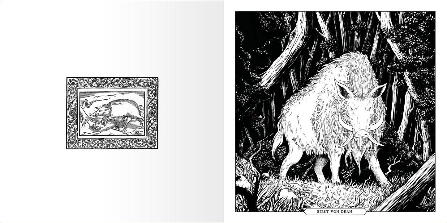 Gezeigt wird eine Innen- oder Zusatzansicht von „Das große Fabelwesen-Malbuch“. Auf der linken Seite ist eine detailreiche, ornamental gerahmte Illustration eines Fabelwesens zu sehen, während die rechte Seite ein eindrucksvolles, gemaltes Fabeltier in einer waldigen Umgebung zeigt. Die Bilder sind in Schwarz und Weiß gehalten, mit klaren Linien und kräftigen Konturen, die die fantastischen Elemente hervorheben. Der Titel „BIEST VON DEAN“ ist in einer markanten, verspielten...