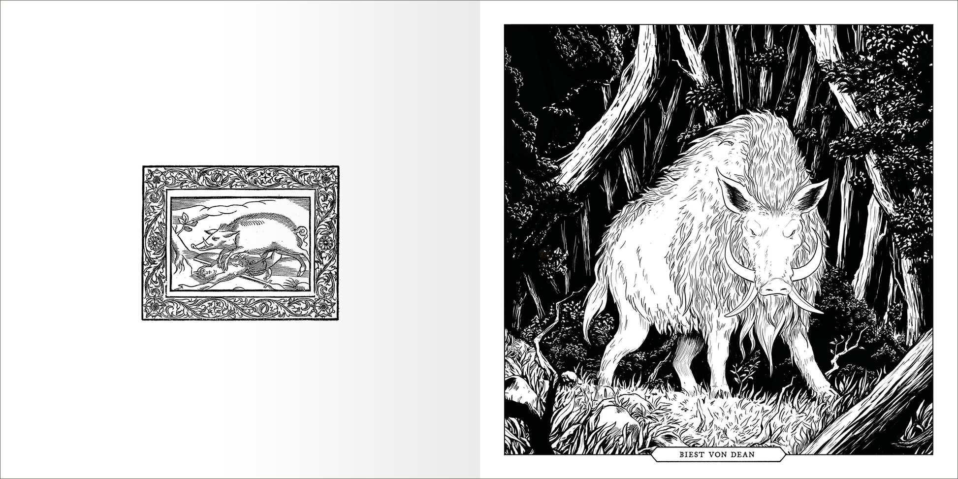 Gezeigt wird eine Innen- oder Zusatzansicht von „Das große Fabelwesen-Malbuch“. Auf der linken Seite ist eine detailreiche, ornamental gerahmte Illustration eines Fabelwesens zu sehen, während die rechte Seite ein eindrucksvolles, gemaltes Fabeltier in einer waldigen Umgebung zeigt. Die Bilder sind in Schwarz und Weiß gehalten, mit klaren Linien und kräftigen Konturen, die die fantastischen Elemente hervorheben. Der Titel „BIEST VON DEAN“ ist in einer markanten, verspielten...