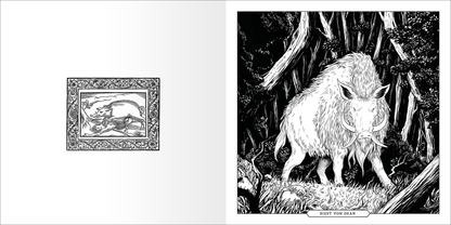 Gezeigt wird eine Innen- oder Zusatzansicht von „Das große Fabelwesen-Malbuch“. Auf der linken Seite ist eine detailreiche, ornamental gerahmte Illustration eines Fabelwesens zu sehen, während die rechte Seite ein eindrucksvolles, gemaltes Fabeltier in einer waldigen Umgebung zeigt. Die Bilder sind in Schwarz und Weiß gehalten, mit klaren Linien und kräftigen Konturen, die die fantastischen Elemente hervorheben. Der Titel „BIEST VON DEAN“ ist in einer markanten, verspielten...