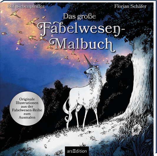 Das Buchcover zeigt ein majestätisches, weißes Einhorn vor einer traumhaften, farbenfrohen Kulisse mit sanften Blau- und Lilatönen, die einen Abendhimmel darstellen. Der Titel „Das große Fabelwesen-Malbuch“ steht in verschnörkelter Schrift, während die Urheber Elif Siebenpfeiffer und Florian Schäfer oben in schlichter Schrift platziert sind. Ein runder Button verkündet „Originale Illustrationen aus der Fabelwesen-Reihe zum Ausmalen“. Ganz unten mittig steht der Logoschriftzug...