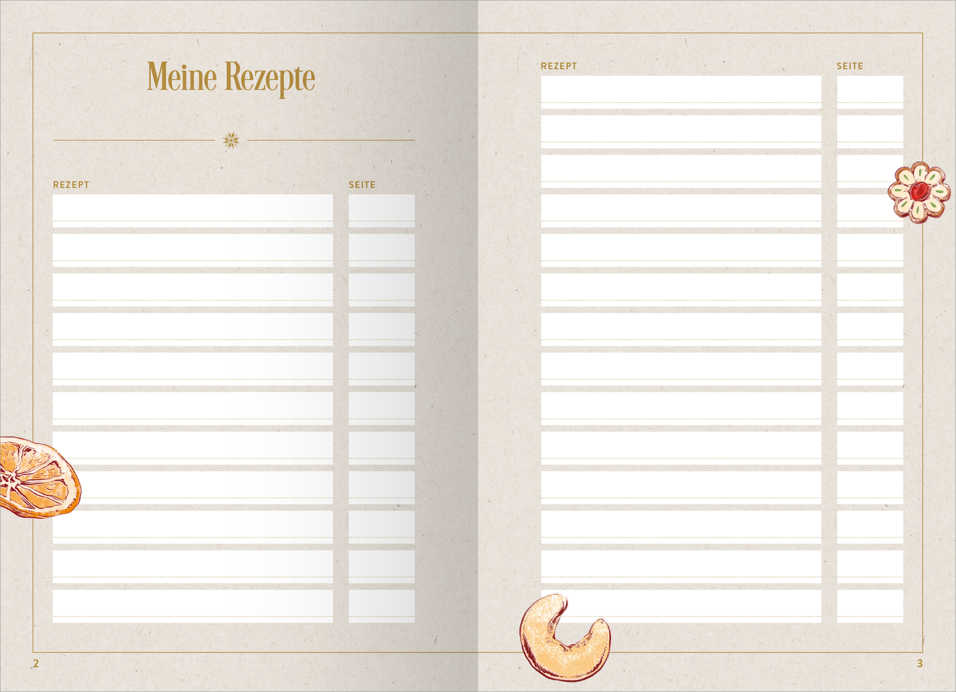 Gezeigt wird eine Innenansicht von „myNOTES Papeterie: Notizbuch A5 Meine Lieblingsrezepte“. Die Seiten sind in einem hellen, natürlichen Farbton gehalten mit handgeschriebenen Elementen. Oben befindet sich der Titel „Meine Rezepte“ in einer eleganten, goldenen Schrift. Die Seiten sind in strukturierte Felder unterteilt, mit Platz für Rezepte und Seitenzahlen. Dekorative Illustrationen von getrockneten Früchten ergänzen das Design und verleihen eine freundliche, einladende...