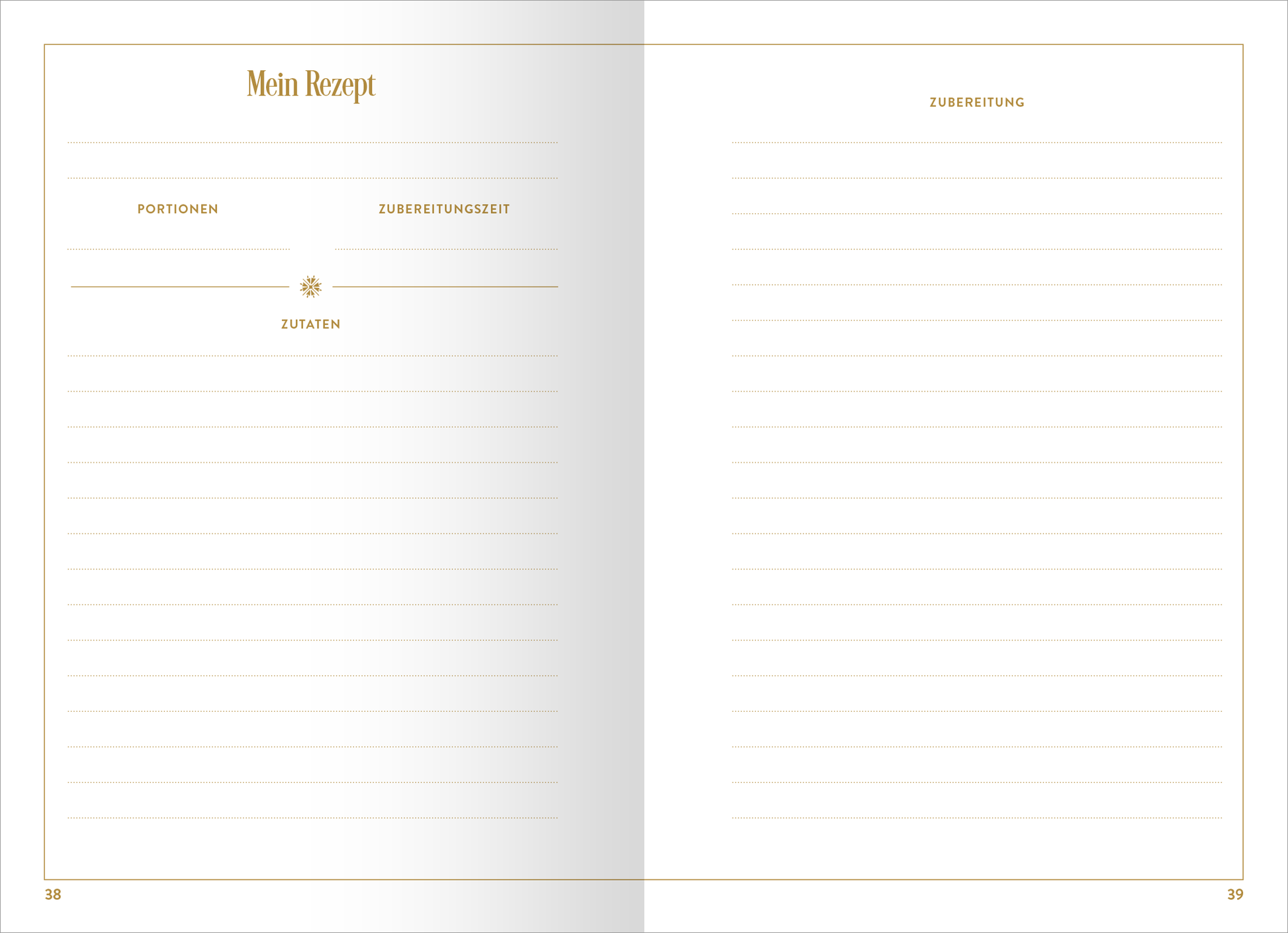 Gezeigt wird eine Innenansicht von „myNOTES Papeterie: Notizbuch A5 Meine Lieblingsrezepte“. Die Doppelseite ist in sanften, hellen Farben gehalten und bietet ausreichend Platz für handschriftliche Notizen. Der Titel „Mein Rezept“ ist elegant in einer goldenen Schriftart oben platziert. Unterteilt in die Abschnitte „Portionen“, „Zubereitungszeit“ und „Zutaten“ auf der linken Seite, während die rechte Seite für die „Zubereitung“ vorgesehen ist. Linienführungen...