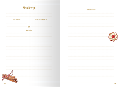 Gezeigt wird eine Innen- oder Zusatzansicht von „myNOTES Papeterie: Notizbuch A5 Meine Lieblingsrezepte“. Die Doppelseite beinhaltet einen klar strukturierten Rezeptbereich mit der Überschrift „Mein Rezept“ in goldenem Schriftzug. Links sind die Felder für Portionen, Zubereitungszeit und Zutaten in leicht lesbarer schwarzer Schrift platziert. Die rechte Seite ist für die Zubereitung gedacht und durch Linien zur besseren Gliederung komfortabel lesbar. Dezente Illustrationen, wie...