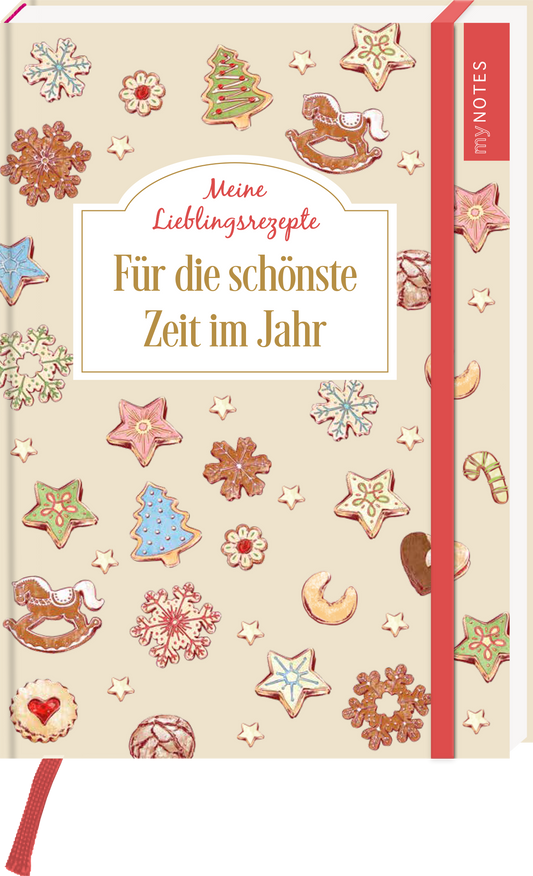 Das Buchcover zeigt einen sanften, cremefarbenen Hintergrund, dekoriert mit bunten, weihnachtlichen Motiven wie Plätzchen, Weihnachtsbäumen, Sternen und Zuckerstangen. In der Mitte steht in eleganter, goldener Schrift der Titel „Für die schönste Zeit im Jahr“ mit dem Zusatz „Meine Lieblingsrezepte“ darüber. Ein roter Lesezeichen-Band ragt hervor. Ganz unten mittig steht der Logoschriftzug von arsEdition.