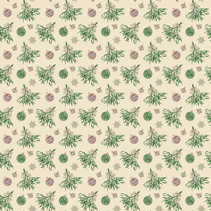 Gezeigt wird eine Innen- oder Zusatzansicht von „Geschenkpapier Zauberhafte Weihnachtszeit“. Das Design besteht aus einem sanften beigefarbenen Hintergrund, auf dem grüne Mistelzweige, farbige Weihnachtskugeln in Rot, Blau und Grün sowie kleine, stilisierte Schneeflocken verteilt sind. Die Illustration vermittelt eine festliche Stimmung. Die Typografie ist verspielt und harmoniert mit dem weihnachtlichen Thema, wodurch das Geschenkpapier optisch ansprechend und einladend wirkt.