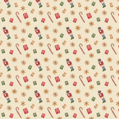 Gezeigt wird eine Innen- oder Zusatzansicht von „Geschenkpapier Zauberhafte Weihnachtszeit“. Das Papier zeigt ein festliches, wechselndes Muster mit winterlichen Motiven. Darunter sind Nussknacker, Zuckerstangen, Geschenke in Rot und Grün sowie Weihnachtssterne und Lebkuchen abgebildet. Der Hintergrund ist in sanftem Beige gehalten. Die Darstellung ist verspielt und weihnachtlich, was eine fröhliche Atmosphäre vermittelt.