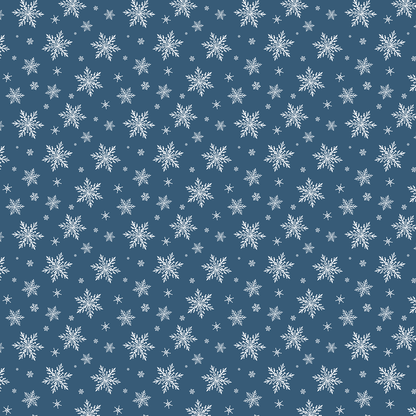 Gezeigt wird eine Innen- oder Zusatzansicht von „Geschenkpapier Zauberhafte Weihnachtszeit“. Der Hintergrund ist in einem sanften, dunklen Blau gehalten. Über diesen Hintergrund sind zahlreiche weiße Schneeflocken und kleine Sterne gleichmäßig verteilt, die eine winterliche Atmosphäre schaffen. Die verschiedenen Schneeflockenformen variieren in Größe und Design, was dem Muster eine dynamische Tiefe verleiht. Die Typografie ist klar und freundlich, aber im Bild nicht sichtbar.