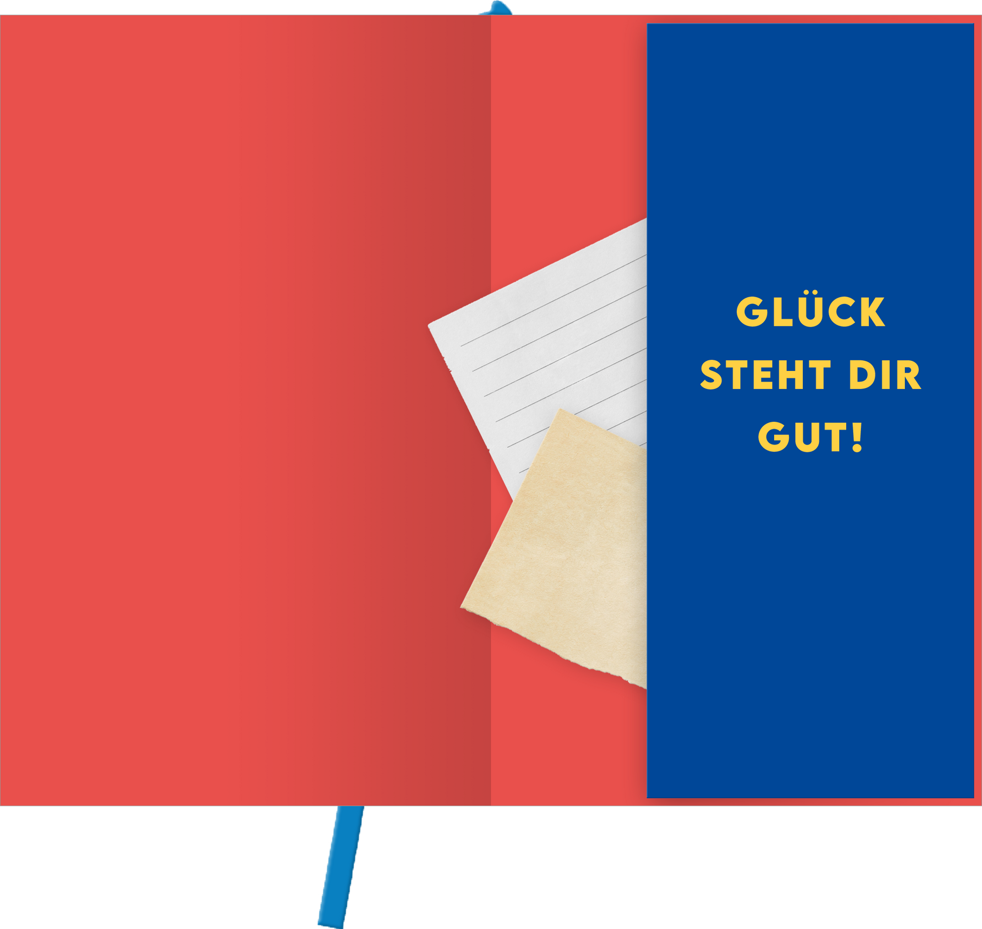Gezeigt wird eine Innen- oder Zusatzansicht von „myNOTES Papeterie: Notizbuch A6 NOTIZEN - COLOR POP“. Die Innenseite des Notizbuchs ist rot und bietet einen fröhlichen Kontrast zu einer blauen Klappe, auf der in goldener Schrift der Spruch „GLÜCK STEHT DIR GUT!“ zu lesen ist. Eingefügt sind mehrere liniierte Blätter sowie ein unregelmäßiges, beige Zettelchen, das vielseitig genutzt werden kann. Ein blauer Lesezeichenband rundet das ansprechende Design ab.