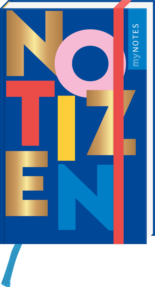 Das Buchcover zeigt einen dunkelblauen Hintergrund. Im Zentrum steht der Titel „NOTIZEN“ in großen, bunten Buchstaben: Rot, Gelb, Blau und Pink. Ein runder pinker Farbkreis mit einem blauen Punkt befindet sich hinter dem „O“. Oben rechts ist in kleinen weißen Buchstaben der Schriftzug „my NOTES“ zu sehen. Ganz unten mittig steht der Logoschriftzug von arsEdition.
