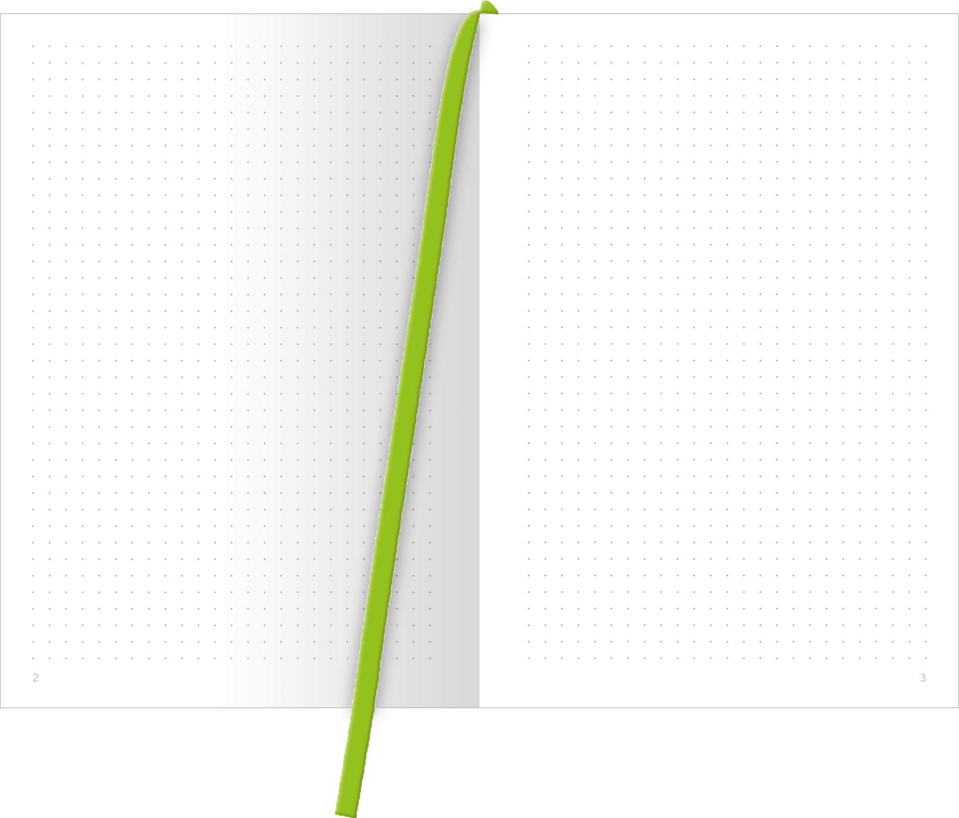 Gezeigt wird eine Innen- oder Zusatzansicht von „myNOTES Papeterie: Notizbuch A5 HAPPY LOOKS GOOD ON YOU - COLOR-POP“. Die Seiten sind in punctierter Gestaltung gehalten und bieten viel Platz für Notizen. Eine auffällige, leuchtend grüne Lesebändchen hebt sich von der weißen Seite ab. Die insgesamt klare und moderne Typografie sorgt für eine ansprechende und übersichtliche Schreibumgebung, die kreativ zum Einsatz einlädt.