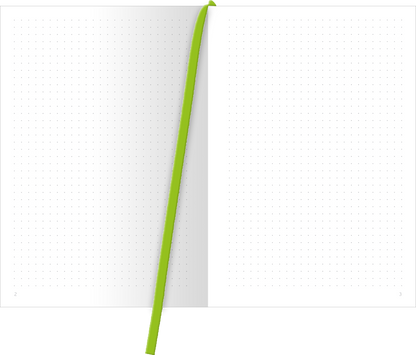 Gezeigt wird eine Innen- oder Zusatzansicht von „myNOTES Papeterie: Notizbuch A5 HAPPY LOOKS GOOD ON YOU - COLOR-POP“. Die Seiten sind in punctierter Gestaltung gehalten und bieten viel Platz für Notizen. Eine auffällige, leuchtend grüne Lesebändchen hebt sich von der weißen Seite ab. Die insgesamt klare und moderne Typografie sorgt für eine ansprechende und übersichtliche Schreibumgebung, die kreativ zum Einsatz einlädt.
