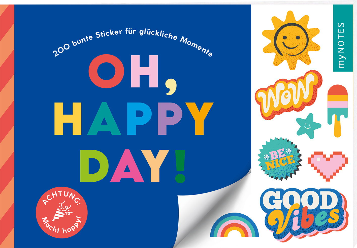 Auf dem Buchcover dominiert ein kräftiges Blau. In großen bunten Buchstaben steht „OH, HAPPY DAY!“ zentral platziert, wobei die Farben der Buchstaben variieren. Oben ist der Untertitel „200 bunte Sticker für glückliche Momente“ in weißer Schrift zu sehen. Am unteren Rand befindet sich ein roter Button mit dem Text „ACHTUNG: Macht happy!“. Rechts sind diverses farbenfrohes Stickerdesigns abgebildet, darunter Smileys, Regenbögen und auffällige Sprüche. Ganz unten mittig steht...