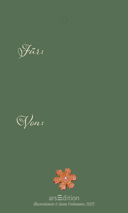 Gezeigt wird eine Innen- oder Zusatzansicht von „Zauberhafte Weihnachtszeit: 24 Geschenkanhänger WWS“. Der Hintergrund ist in einem klassischen, tiefen Grün gehalten. Oben links befindet sich in eleganter, geschwungener Schrift der Text „Für:“, und darunter, ebenfalls in geschwungener Schrift, der Text „Von:“. Am unteren Rand prangt ein orangefarbener, glitzernder Schneeflocken-Embellishment. Die Typografie kombiniert festliche Eleganz mit einem spielerischen Element.