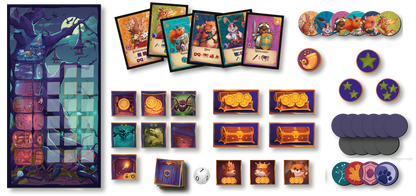 Gezeigt wird eine Innen- oder Zusatzansicht von „Dämmerwache“. Die Darstellung umfasst ein variierendes Gameplay-Board in sanften, dunklen Farben mit einem mystischen Waldmotiv. Dazu kommen farbige Spielkarten mit charakteristischen Illustrationen von verschiedenen Tierfiguren sowie Spielmarker in lebhaften Farben. Goldene Münzen und Schatztruhen sind ebenfalls abgebildet, ergänzt durch Würfel und runde Tokens in verschiedenen Größen. Die Typografie ist verspielt und gut lesbar,...