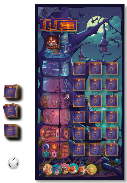 Gezeigt wird eine Innen- oder Zusatzansicht von „Dämmerwache“. Das Design zeigt einen dunklen, mystischen Hintergrund mit verschiedenen Symbolen und Illustrationen. Die Farbpalette umfasst kräftige Lila-, Blau- und Grüntöne, die durch orangefarbene Akzente lebendig wirken. Der Spielplan enthält quadratische Felder, die mit detaillierten Illustrationen versehen sind, sowie einen Bereich für Spielfiguren und Würfel, die in verspieltem Stil gestaltet sind. Die Typografie ist klar und...