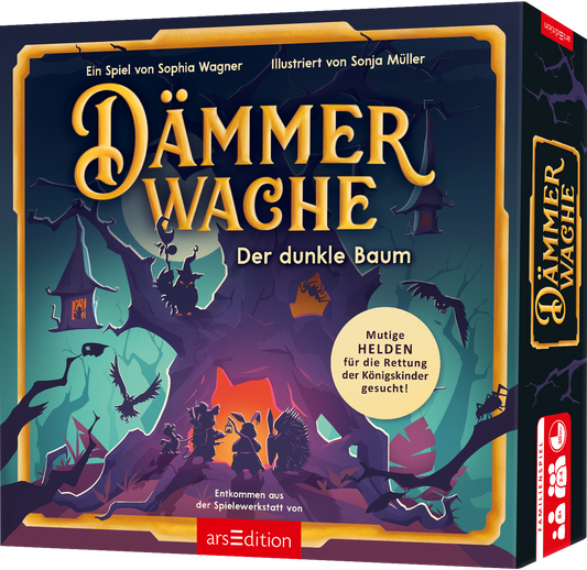 Das Cover von „Dämmerwache: Der dunkle Baum“ zeigt eine magische Szene mit einem großen, dunklen Baum in der Mitte, umgeben von schattenhaften Silhouetten von Figuren und mystischen Elementen. Die Farben sind überwiegend in tiefen Blau- und Grüntönen gehalten, die eine geheimnisvolle Atmosphäre schaffen. Der Titel „DÄMMER WACHE“ ist in eleganter, goldener Schriftart hervorgehoben, während der Untertitel gut lesbar in weißer Schrift darunter steht. Ganz unten mittig steht der...