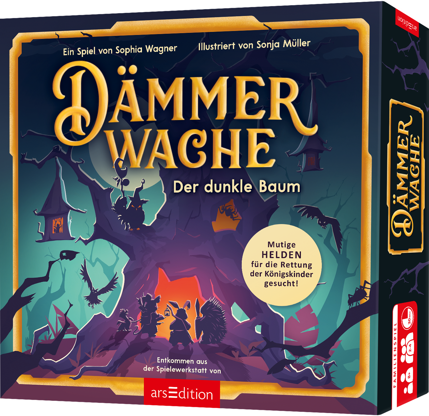 Das Cover von „Dämmerwache: Der dunkle Baum“ zeigt eine magische Szene mit einem großen, dunklen Baum in der Mitte, umgeben von schattenhaften Silhouetten von Figuren und mystischen Elementen. Die Farben sind überwiegend in tiefen Blau- und Grüntönen gehalten, die eine geheimnisvolle Atmosphäre schaffen. Der Titel „DÄMMER WACHE“ ist in eleganter, goldener Schriftart hervorgehoben, während der Untertitel gut lesbar in weißer Schrift darunter steht. Ganz unten mittig steht der...