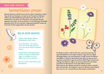Gezeigt wird eine Innen- oder Zusatzansicht von „I Love Summer – Summer Journal“. Die Seite enthält eine helle, freundliche Farbgestaltung mit sanften Pastelltönen. Auf der rechten Seite sind gepresste Sommerblumen in unterschiedlichen Farben und Formen angeordnet. Links befindet sich ein Textfeld mit Anweisungen und einer Liste von benötigten Materialien, hervorgehoben durch eine verspielte Schriftart. Überschriften sind in einer handschriftlichen, kreativen Typografie, die dem...