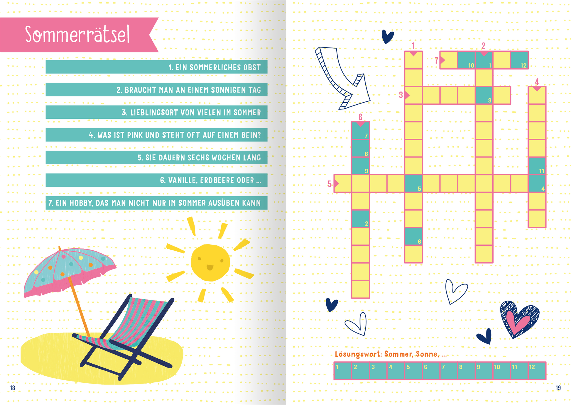Gezeigt wird eine Innen- oder Zusatzansicht von „I Love Summer – Summer Journal“. Die Seite enthält ein farbenfrohes Sommerrätsel mit einer hellen, gelben Hintergrundfarbe. Links ist eine Liste mit Fragen in Türkis und Pink, begleitet von Illustrationen wie einem Sonnenschirm und einer Sonnenliege. Rechts befindet sich ein Kästchenraster für die Antworten, umrahmt von kleinen, verspielten Symbolen wie Herzen und Sonnen. Die Typografie ist modern und gut lesbar, mit...