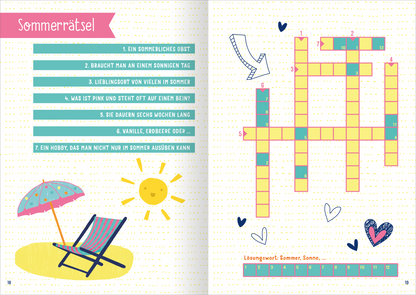 Gezeigt wird eine Innen- oder Zusatzansicht von „I Love Summer – Summer Journal“. Die Seite enthält ein farbenfrohes Sommerrätsel mit einer hellen, gelben Hintergrundfarbe. Links ist eine Liste mit Fragen in Türkis und Pink, begleitet von Illustrationen wie einem Sonnenschirm und einer Sonnenliege. Rechts befindet sich ein Kästchenraster für die Antworten, umrahmt von kleinen, verspielten Symbolen wie Herzen und Sonnen. Die Typografie ist modern und gut lesbar, mit...