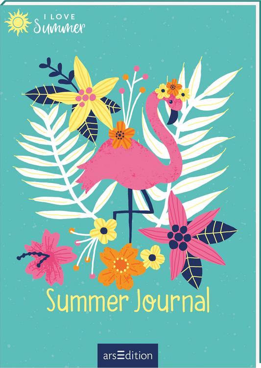 Das Buchcover zeigt einen bunten Sommerflamingo, der zentral von lebhaften, tropischen Blumen und Blättern umgeben ist. Die Farben sind überwiegend in sanften Rosa- und Gelbtönen gehalten, vor einem frischen türkisfarbenen Hintergrund. Der Titel „Summer Journal“ ist in einer verspielten, gelben Schriftart gestaltet und verleiht dem Cover eine fröhliche Atmosphäre. In der oberen linken Ecke ist der Text „I LOVE Summer“ in einer hellen Schrift zu sehen. Ganz unten mittig steht der...