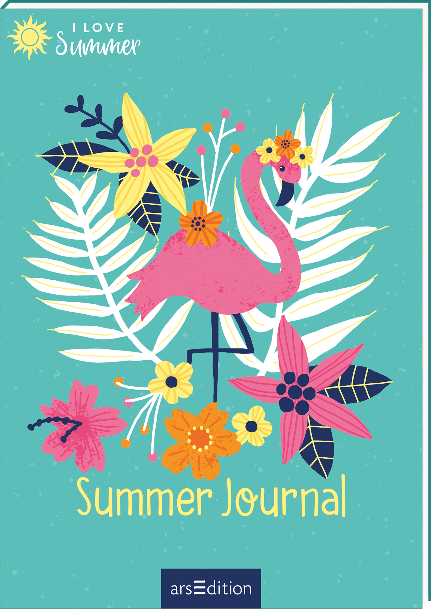 Das Buchcover zeigt einen bunten Sommerflamingo, der zentral von lebhaften, tropischen Blumen und Blättern umgeben ist. Die Farben sind überwiegend in sanften Rosa- und Gelbtönen gehalten, vor einem frischen türkisfarbenen Hintergrund. Der Titel „Summer Journal“ ist in einer verspielten, gelben Schriftart gestaltet und verleiht dem Cover eine fröhliche Atmosphäre. In der oberen linken Ecke ist der Text „I LOVE Summer“ in einer hellen Schrift zu sehen. Ganz unten mittig steht der...