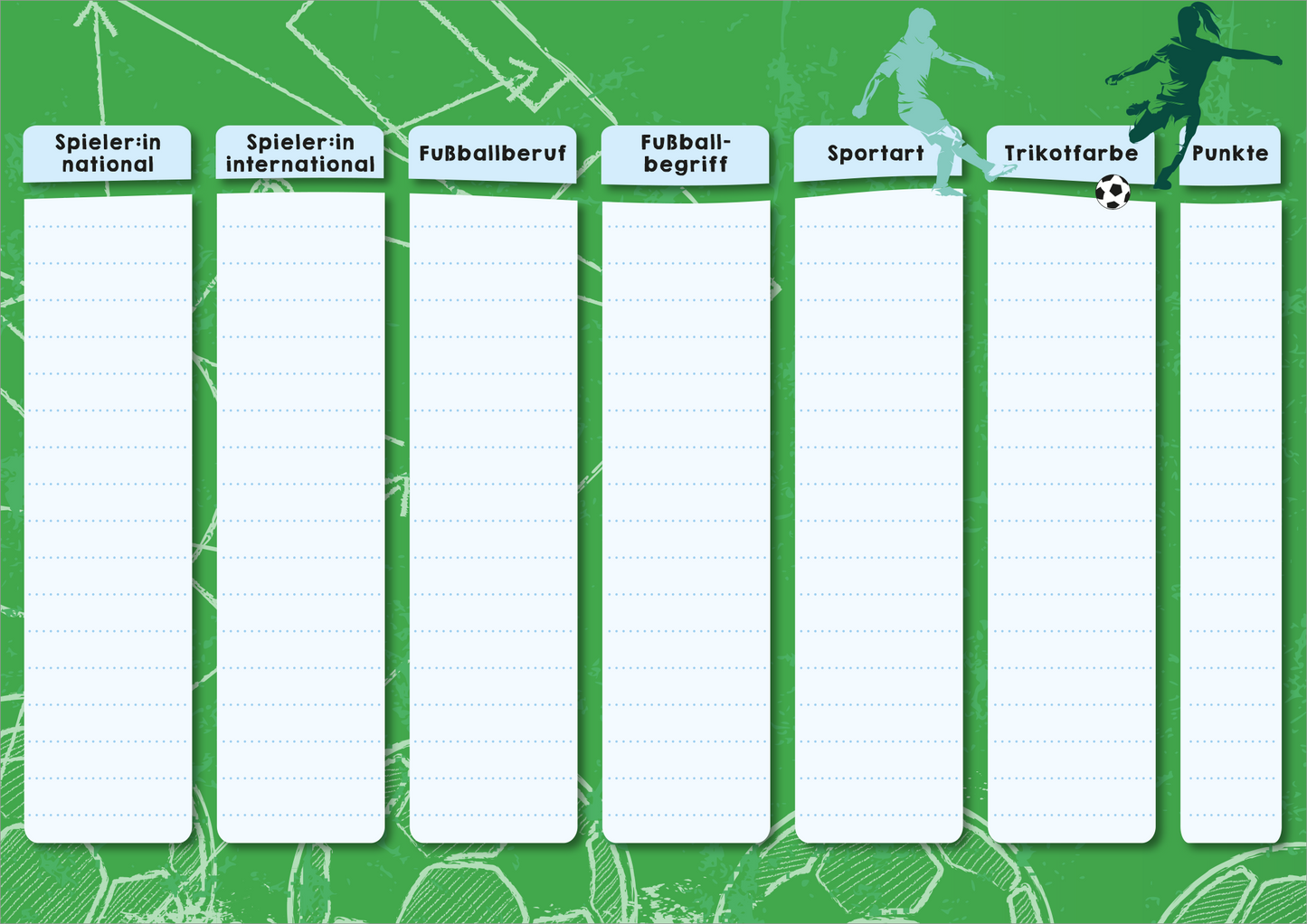 Gezeigt wird eine Innen- oder Zusatzansicht von „Stadt, Land, Elfmeter“. Die Ansicht zeigt ein klickbares Spielblatt in sanften Grüntönen mit Überschriften für Kategorien wie „Fußballverein“ und „Spieler-in“. Auf dem Blatt sind leere Textfelder für die Eingabe vorbereitet. Im oberen Bereich schwebt ein Fußball, während im Hintergrund eine Fußballstadionkulisse sichtbar ist. Die Schrift ist klar und gut lesbar, was zur Benutzerfreundlichkeit beiträgt.