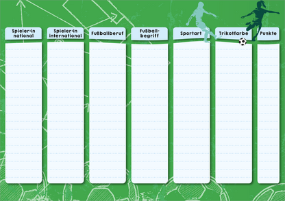 Gezeigt wird eine Innen- oder Zusatzansicht von „Stadt, Land, Elfmeter“. Die Ansicht zeigt ein klickbares Spielblatt in sanften Grüntönen mit Überschriften für Kategorien wie „Fußballverein“ und „Spieler-in“. Auf dem Blatt sind leere Textfelder für die Eingabe vorbereitet. Im oberen Bereich schwebt ein Fußball, während im Hintergrund eine Fußballstadionkulisse sichtbar ist. Die Schrift ist klar und gut lesbar, was zur Benutzerfreundlichkeit beiträgt.