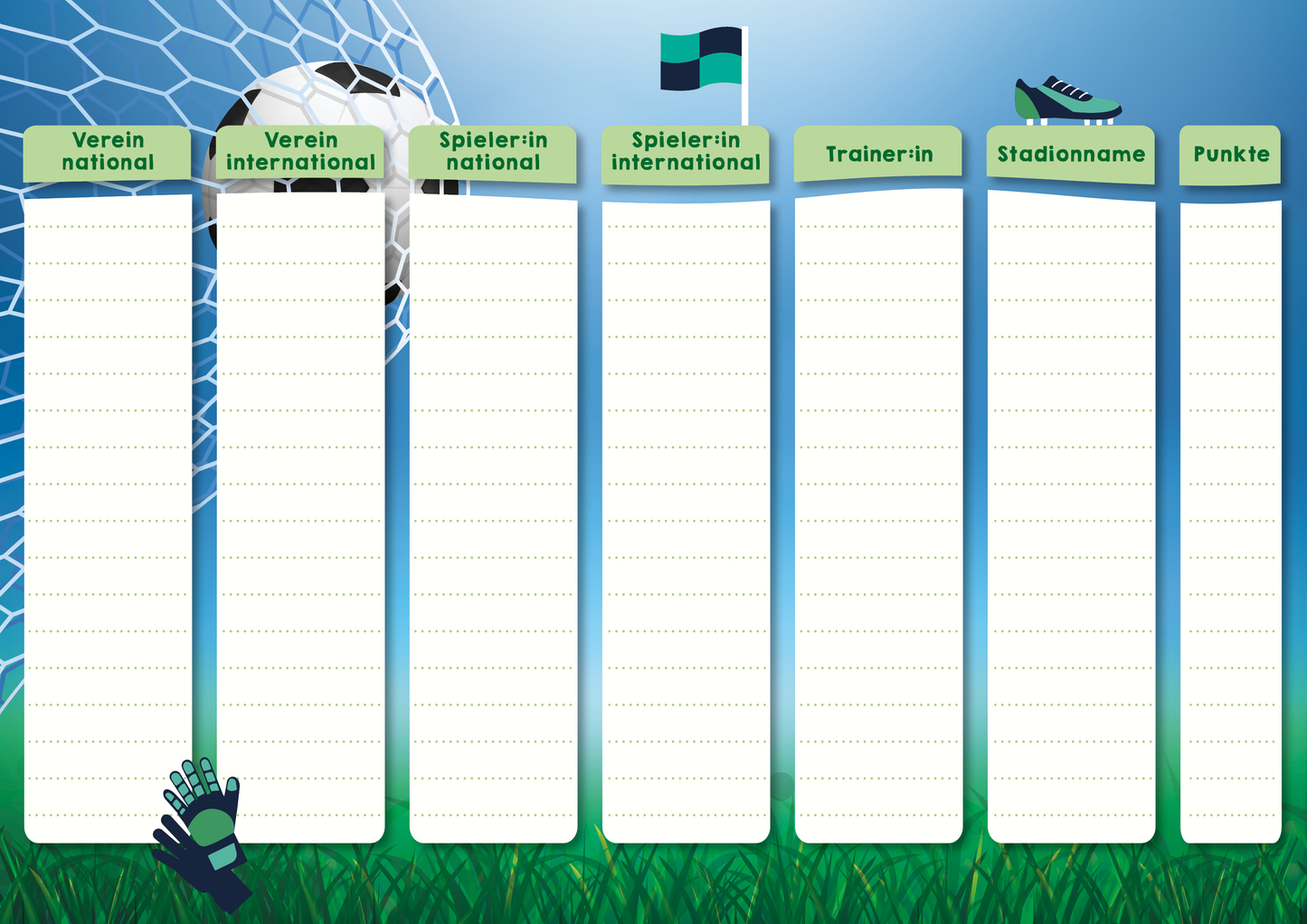 Gezeigt wird eine Innen- oder Zusatzansicht von „Stadt, Land, Elfmeter“. Die Grafik zeigt ein Layout zur Erfassung von Informationen im Fußballkontext. Oben befinden sich fünf Kästchen mit hellgrünen Überschriften: „Verein national“, „Verein international“, „Spieler*in national“, „Spieler*in international“, „Trainer*in“, „Stadionname“ und „Punkte“. Der Hintergrund ist in sanften Blau- und Grüntönen gehalten, mit einem Fußball, einem Tor und einem Paar...