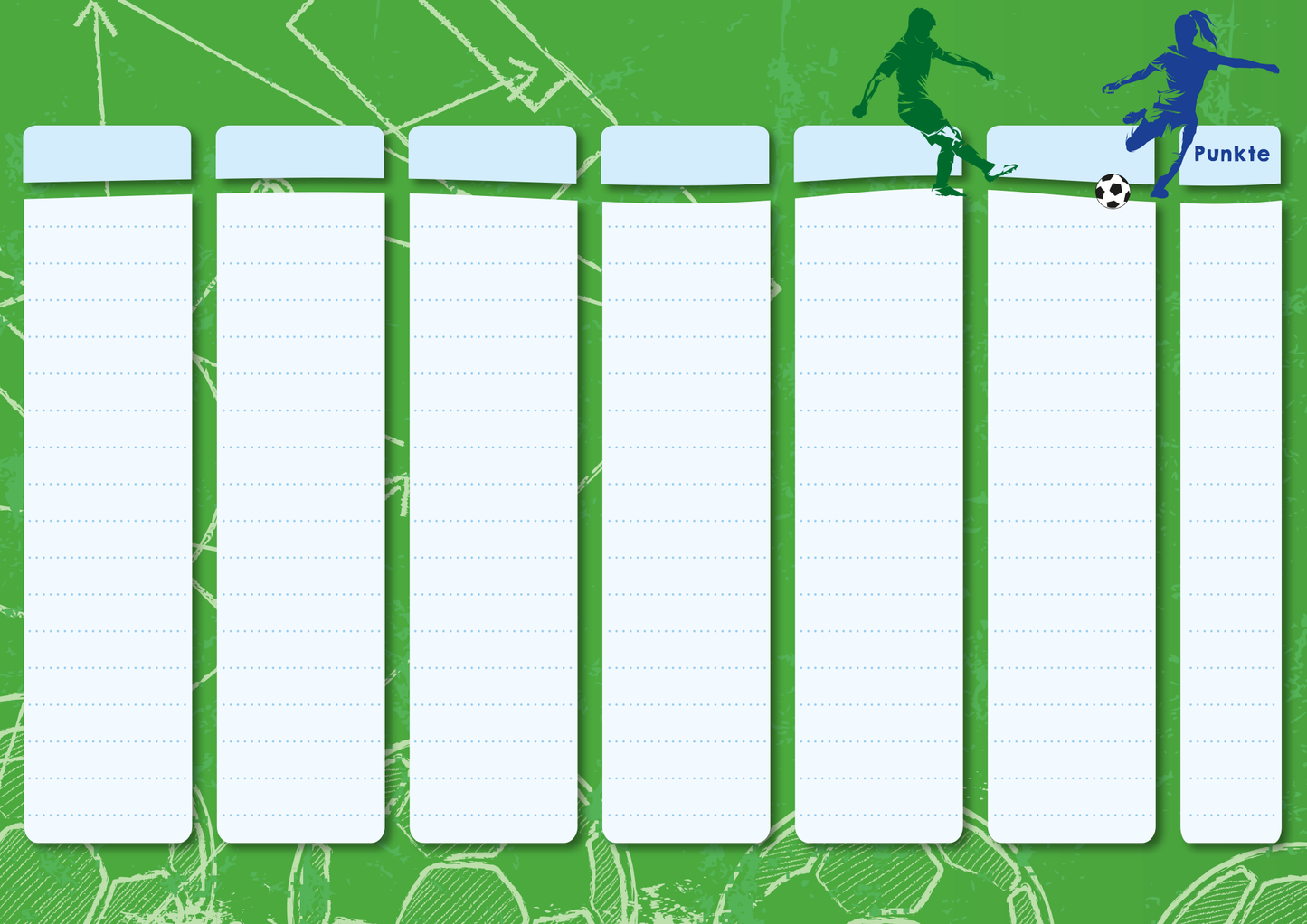 Gezeigt wird eine Innenansicht von „Stadt, Land, Elfmeter“. Der Hintergrund ist in einem kräftigen Grün gehalten, das an einen Fußballplatz erinnert, mit skizzierten Linien und Motiven. Die Layoutstruktur besteht aus sechs vertikalen, beschriftbaren Feldern, die eine weiße Farbgebung aufweisen. Am rechten Rand ist eine stilisierte Grafik eines Fußballspielers in Blau zu sehen, der einen Ball spielt. Über dem Spieler steht das Wort „Punkte“ in Blau.