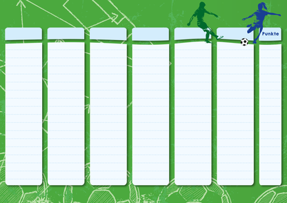 Gezeigt wird eine Innenansicht von „Stadt, Land, Elfmeter“. Der Hintergrund ist in einem kräftigen Grün gehalten, das an einen Fußballplatz erinnert, mit skizzierten Linien und Motiven. Die Layoutstruktur besteht aus sechs vertikalen, beschriftbaren Feldern, die eine weiße Farbgebung aufweisen. Am rechten Rand ist eine stilisierte Grafik eines Fußballspielers in Blau zu sehen, der einen Ball spielt. Über dem Spieler steht das Wort „Punkte“ in Blau.