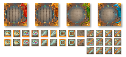 Gezeigt wird eine Innen- oder Zusatzansicht von „Hüter des Schatzes“. Die Darstellung umfasst vier Spielfelder mit leuchtenden, farbigen Drachen in Rot und Grün, umrahmt von antiken Kanten. In der unteren Reihe sind verschiedene Spielsteine zu sehen, darunter Schätze und Werkzeuge, die auf einem grauen, gemusterten Untergrund angeordnet sind. Die Typografie ist klar und gut lesbar, mit spielerischen und fantasievollen Elementen in den jeweiligen Farben.