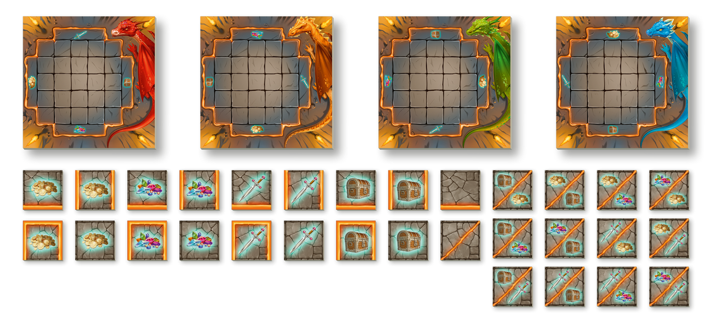 Gezeigt wird eine Innen- oder Zusatzansicht von „Hüter des Schatzes“. Die Darstellung umfasst vier Spielfelder mit leuchtenden, farbigen Drachen in Rot und Grün, umrahmt von antiken Kanten. In der unteren Reihe sind verschiedene Spielsteine zu sehen, darunter Schätze und Werkzeuge, die auf einem grauen, gemusterten Untergrund angeordnet sind. Die Typografie ist klar und gut lesbar, mit spielerischen und fantasievollen Elementen in den jeweiligen Farben.