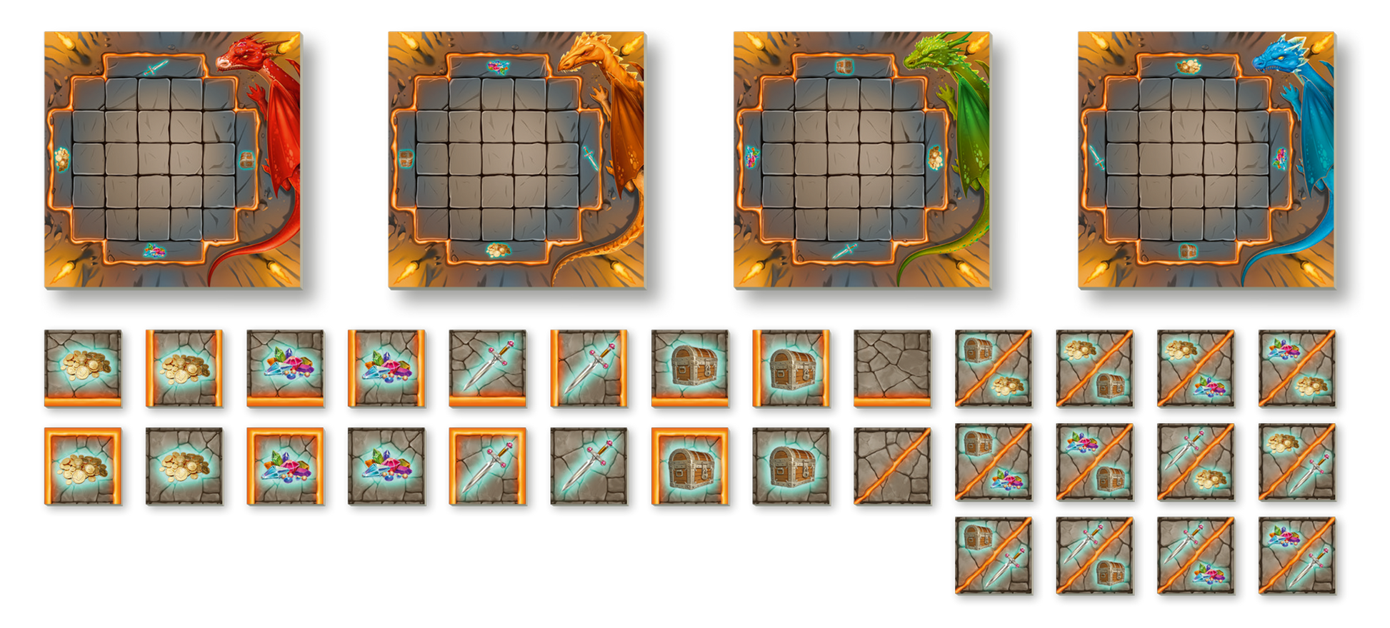 Gezeigt wird eine Innen- oder Zusatzansicht von „Hüter des Schatzes“. Die Darstellung umfasst vier Spielfelder mit leuchtenden, farbigen Drachen in Rot und Grün, umrahmt von antiken Kanten. In der unteren Reihe sind verschiedene Spielsteine zu sehen, darunter Schätze und Werkzeuge, die auf einem grauen, gemusterten Untergrund angeordnet sind. Die Typografie ist klar und gut lesbar, mit spielerischen und fantasievollen Elementen in den jeweiligen Farben.