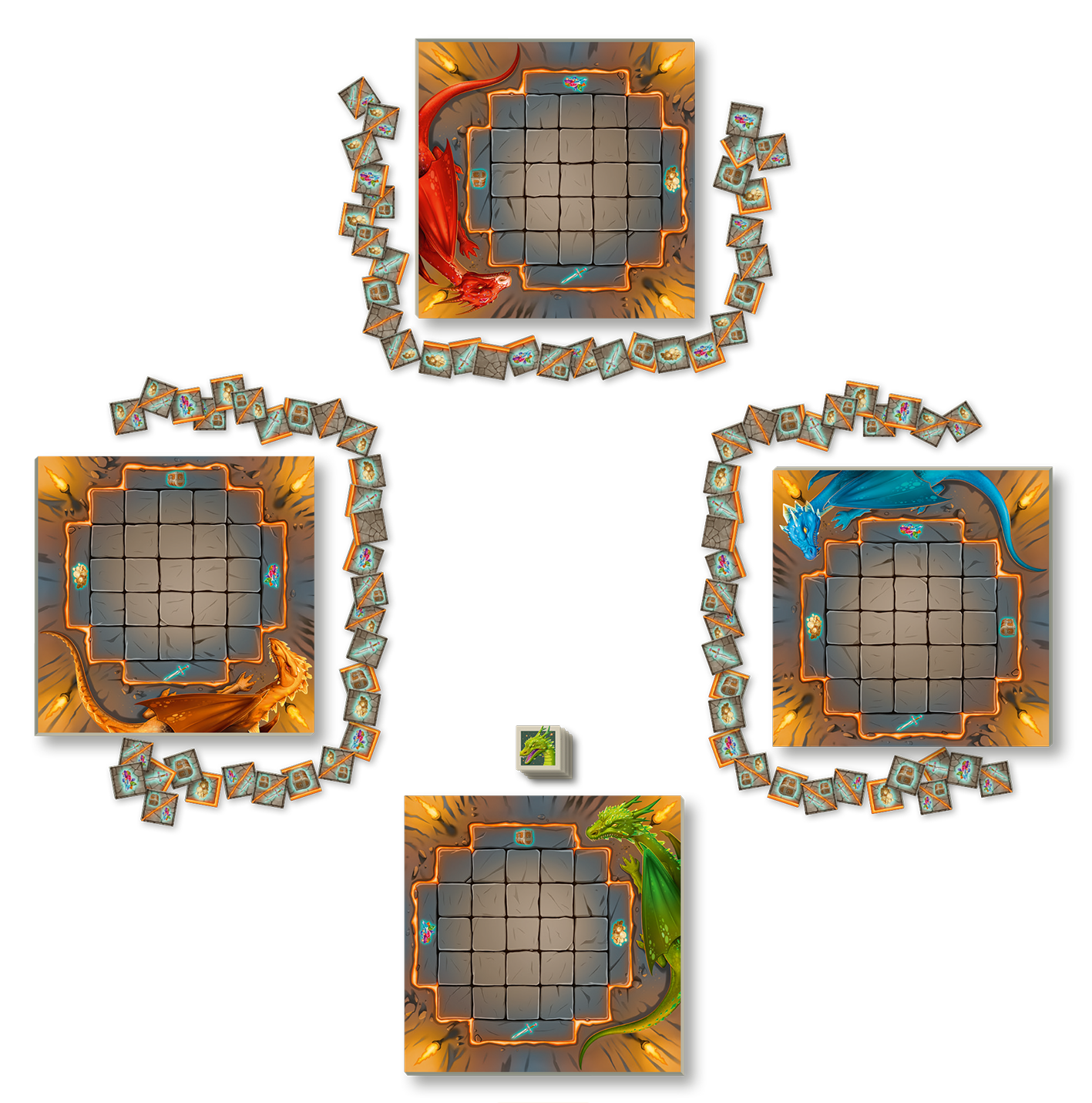 Gezeigt wird eine Innen- oder Zusatzansicht von „Hüter des Schatzes“. In der Mitte sind vier quadratische Spielbrettbereiche angeordnet, umgeben von bunten Kartenreihen. Jedes Brett besitzt ein gitterförmiges Layout in warmen Erdtönen wie Braun und Orange. Die Ecken sind durch orangefarbige Rahmen betont. Die Karten sind detailreich illustriert und folgende Spielerfarben sind enthalten: rot, blau, grün und gelb. Ein würfelförmiger Marker steht in der Mitte, der das Spielgeschehen...