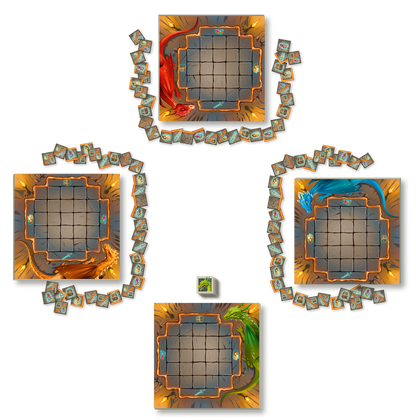 Gezeigt wird eine Innen- oder Zusatzansicht von „Hüter des Schatzes“. In der Mitte sind vier quadratische Spielbrettbereiche angeordnet, umgeben von bunten Kartenreihen. Jedes Brett besitzt ein gitterförmiges Layout in warmen Erdtönen wie Braun und Orange. Die Ecken sind durch orangefarbige Rahmen betont. Die Karten sind detailreich illustriert und folgende Spielerfarben sind enthalten: rot, blau, grün und gelb. Ein würfelförmiger Marker steht in der Mitte, der das Spielgeschehen...